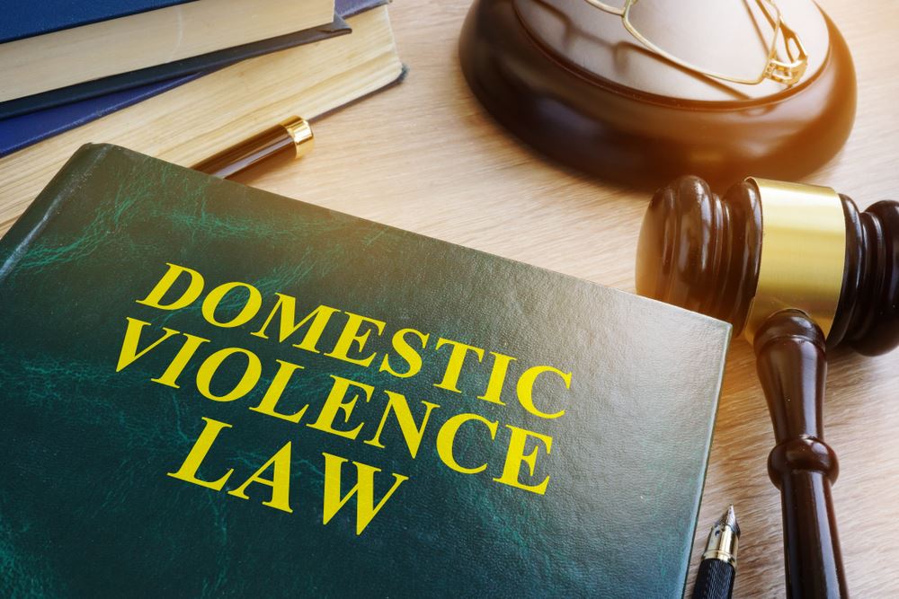 A green "Domestic Violence Law" book on a desk beside a wooden gavel, sound block, pen, and stacked books.