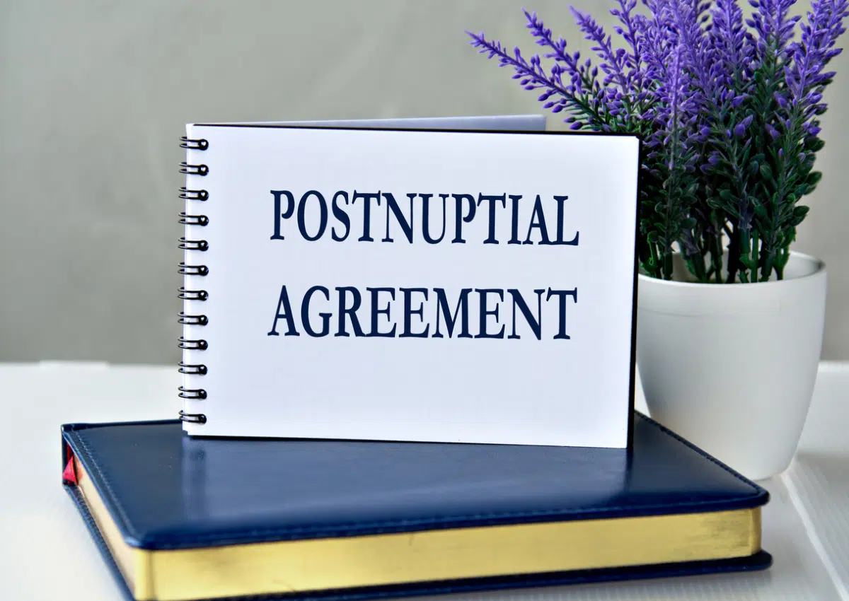 Spiral notebook labeled "Postnuptial Agreement" resting on a blue book beside a potted lavender plant.